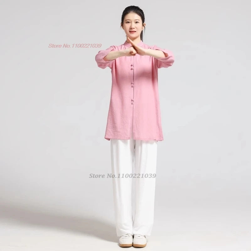 

2024 traditional tai chi kungfu exercise tops+pants set breathable cotton linen martial arts wushu practice performance suit