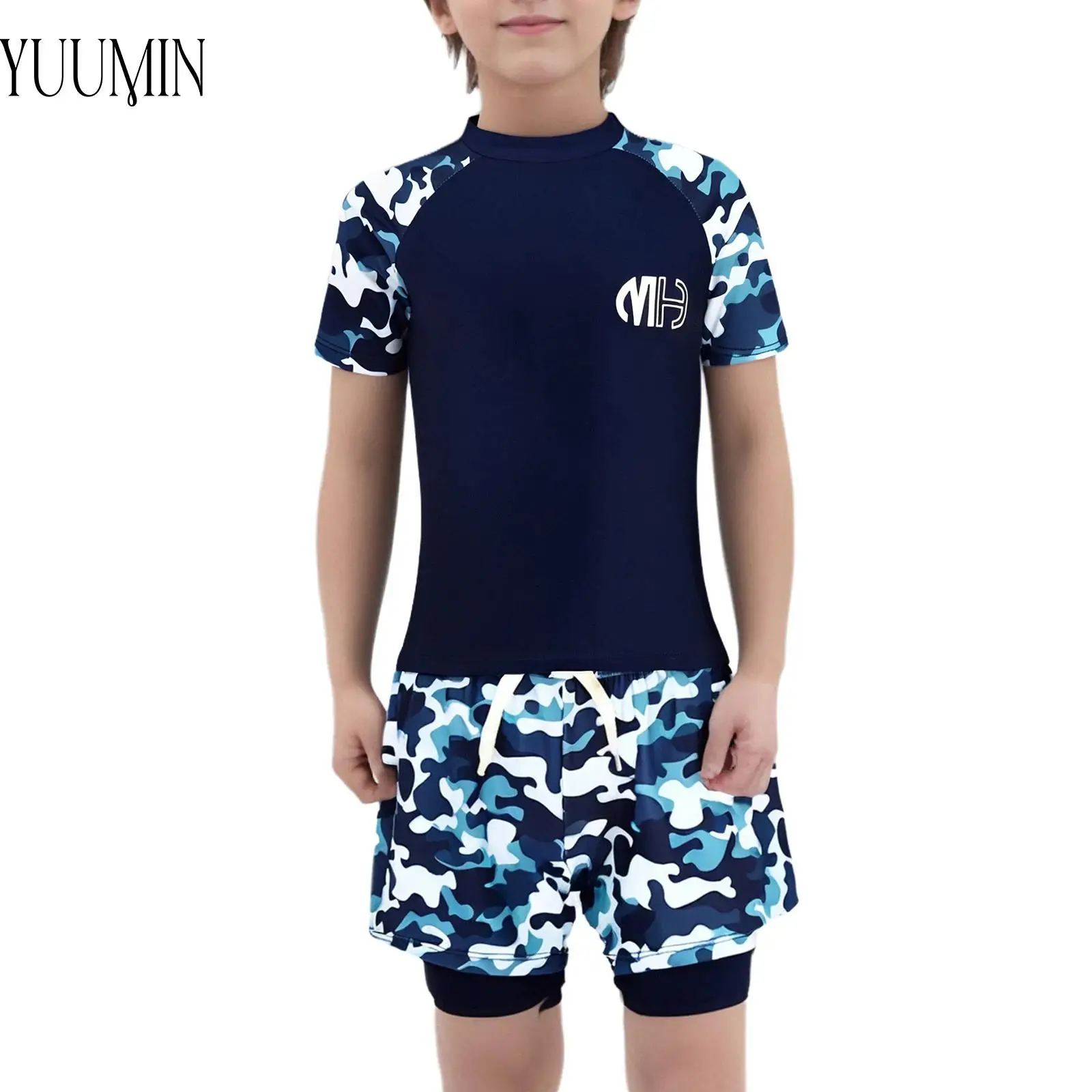 

New Boys Summer Rash Guard Swimsuit Kids Short Sleeve Swim Top+Double Layers Swim Shorts Set Water Sport Swimwear Bathing Suits