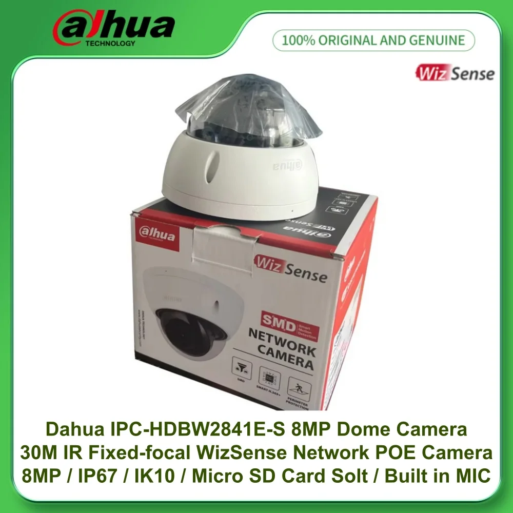 

Dahua IPC-HDBW2841E-S 8MP IR 30m Fixed-focal Dome WizSense Network PoE Camera Micro SD Card Solt Built in MIC IP67 IK10 SMD Plus