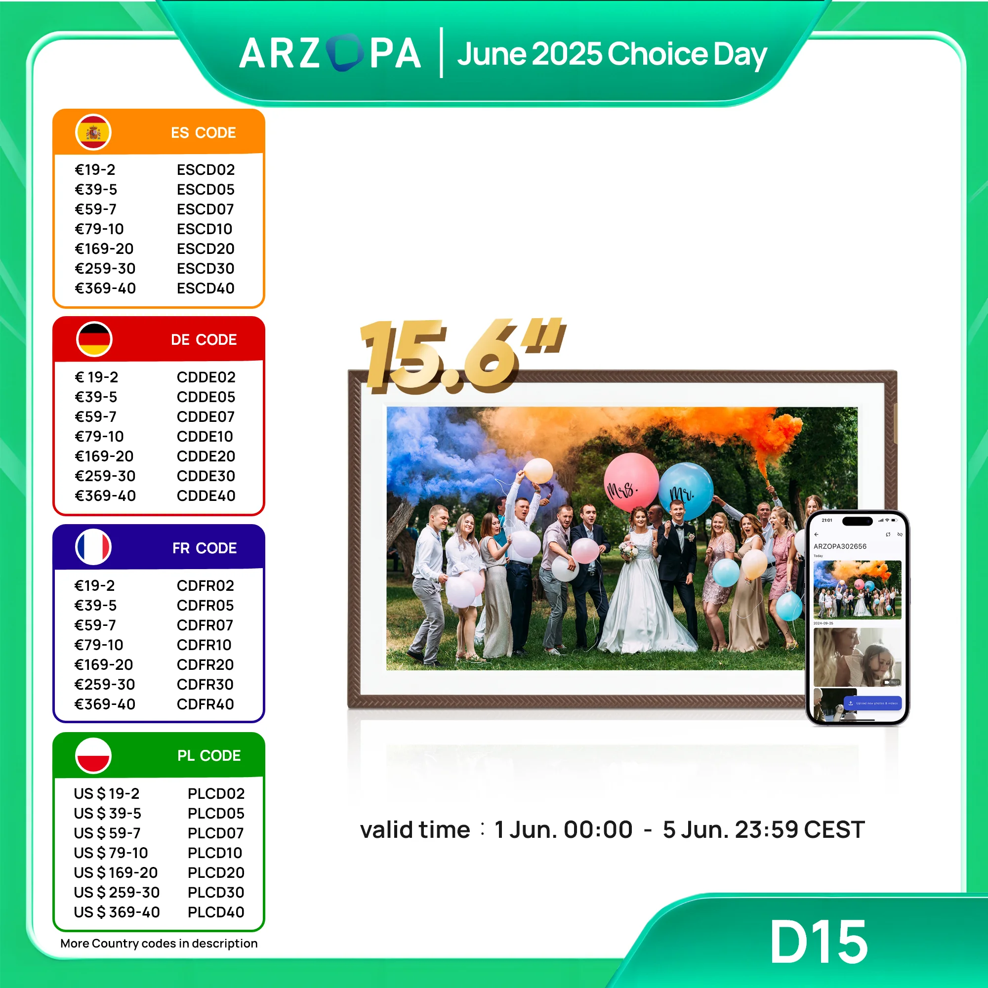 ARZOPA 15,6 Zoll 1920 x 1080 FHD IPS Elektronischer digitaler Bilderrahmen Touchscreen Sofortige