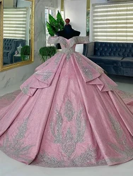 Customized Luxury Pink Women Prom Pageant Dresses Off Shoulder Lace Applique Ball Gown Vestido De 15 Anos Sweet 16 Quinceanera