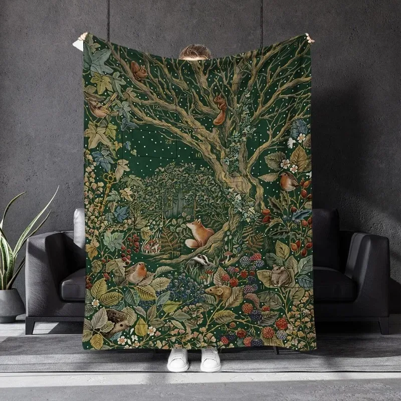 Enchanted Woodland Animal Flannel Blanket, Vintage Forest Print Cozy Flannel Throw for Sofa, Fox Squirrel Bird Themed Home Decor