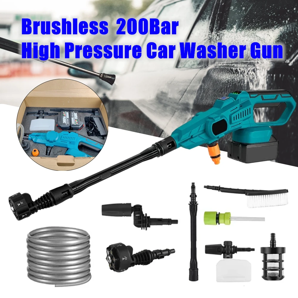 

200Bar Wireless Brushless Electric High Pressure Car Wash Water Gun Spray Gun Washer Foam Generator for Makita 18V Battery