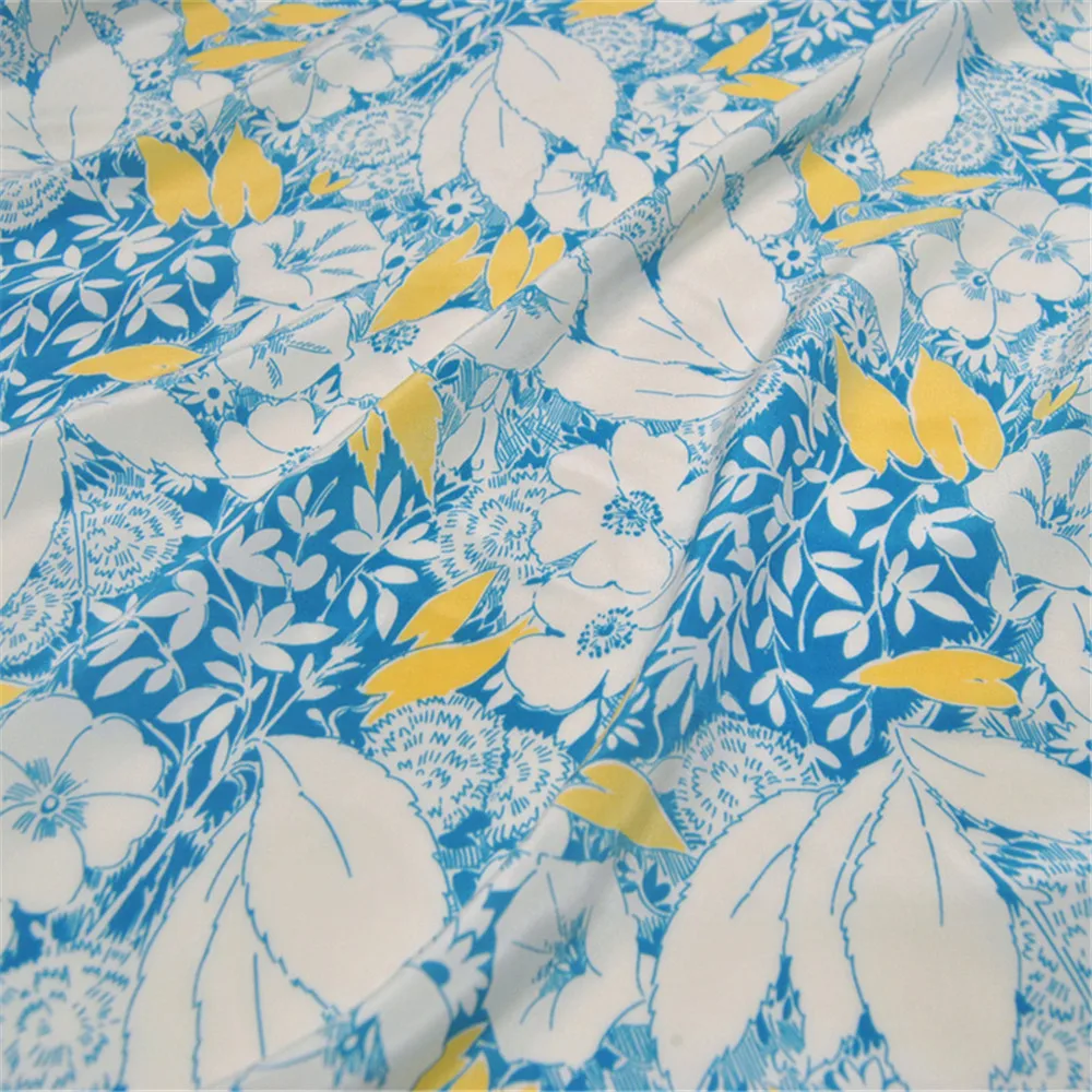 Blue Ground Yellow leaf White Flower Silk Crepe De Chine Fabric with Great Quality Material for Nice Dress