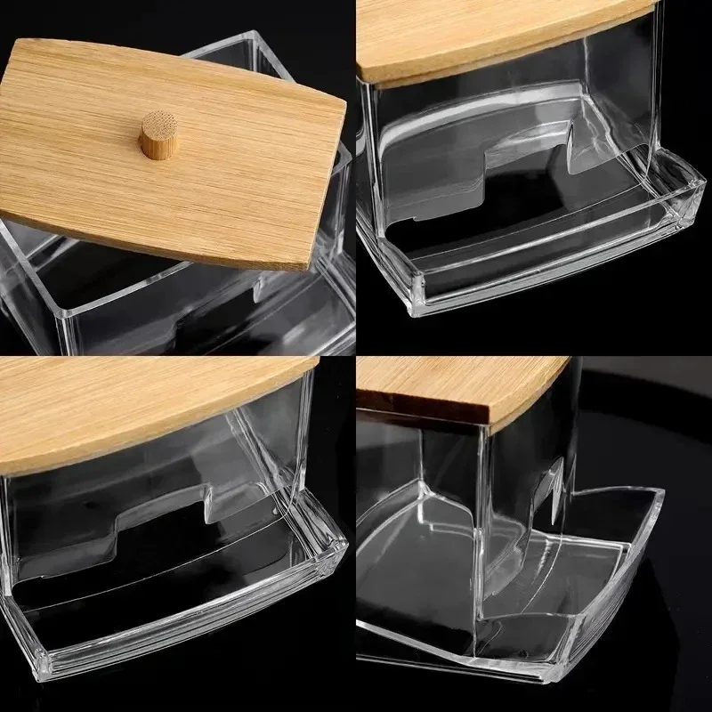 Cotton Swab Storage Box Double Head Cotton Buds Container Transparent Square Bamboo Cover Cotton Swab Toothpick Organize Box