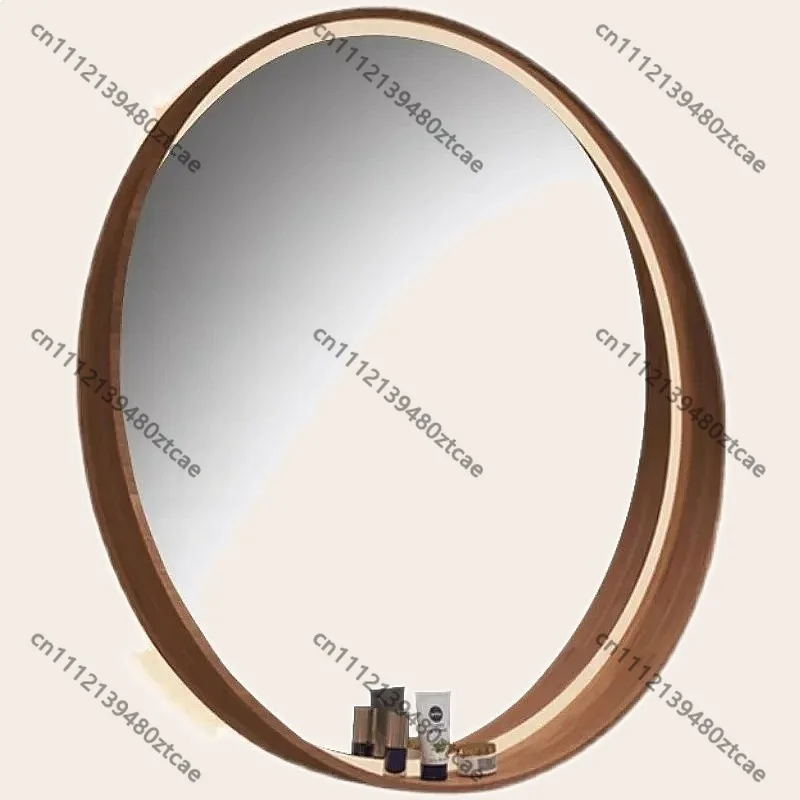 

Nordic Solid Wood Round Wall Mounted Bathroom Mirror with Shelf Smart Defogging Makeup Mirror
