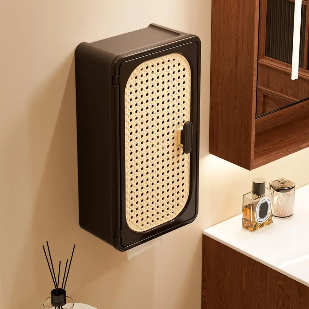 Double-layer Storage Organizer Bathroom Wall Cabinet with Door 3-tier Over Toilet Storage Shelf Rattan Tissue Box Cover for Home