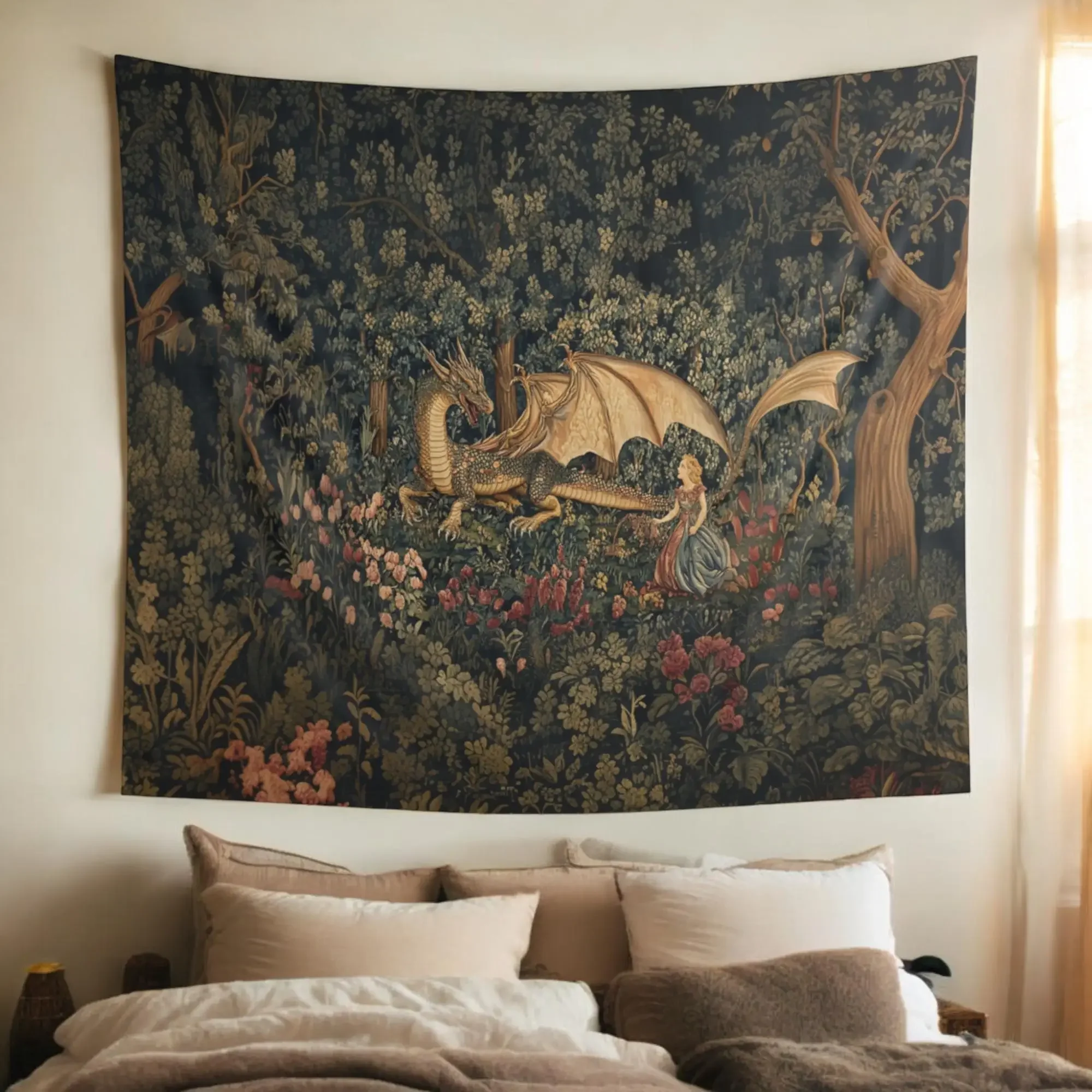Fantasy Dragon Tapestry - Enchanted Forest Wall Art, Home Decor for Living Room, Bedroom, Boho Decor, Gift for Dragon Lovers