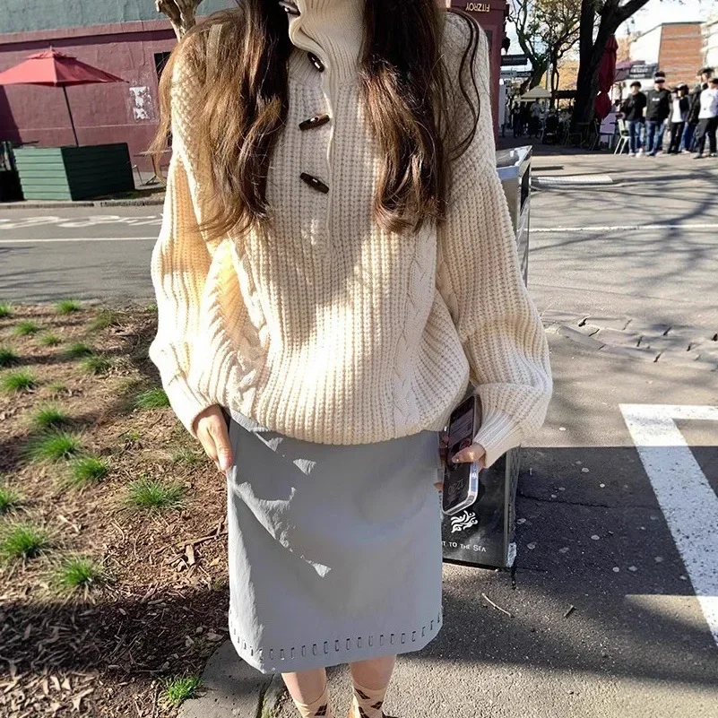 

Overhead 2-Way Thick Winter Polo Neck Pullover Top Jeju Orange Knitted High Collar Sweater Women's Casual Style Buttoned