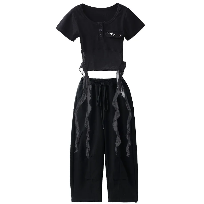 Ropa de Hip Hop Kpop para chico, Top corto con tirantes blancos y negros, pantalones informales de paracaídas para el sudor para niña, trajes de baile de Jazz, ropa