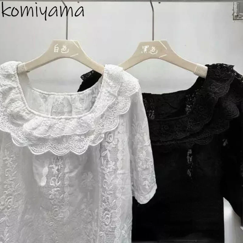 Short Sleeve Blusas Lace Floral 2025 Woman Shirts & Blouses Korean Fashion Camisas Sweet Gentle Ropa Mujer Summer New Tops