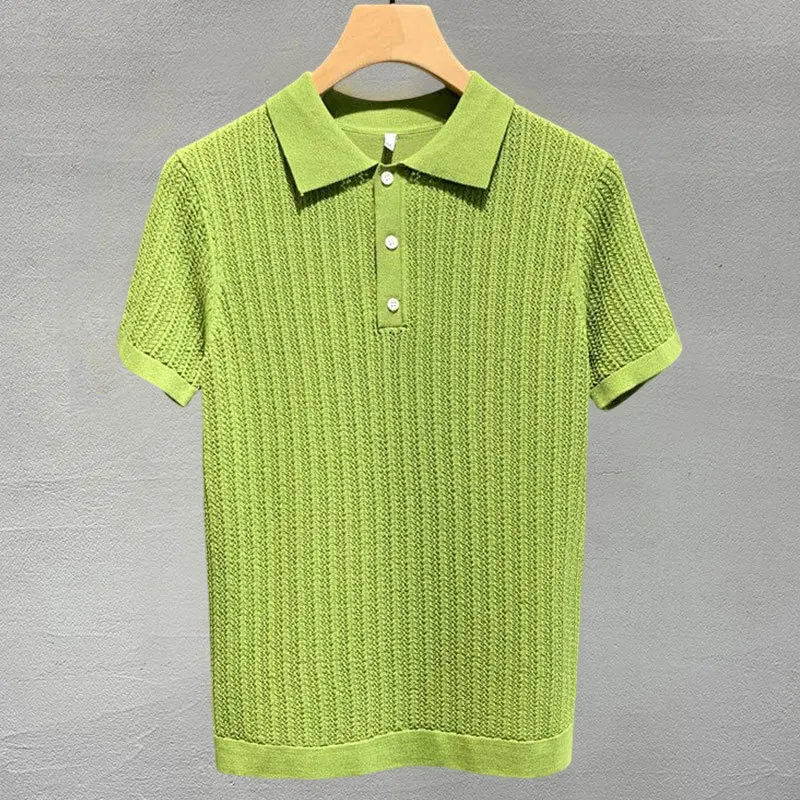 2022 Fall Men Short Sleeve Polo Hollow Solid Color Lapel Top Korean Slim Knit Men Polo High Quality Tee Shirt Camisa Hombre