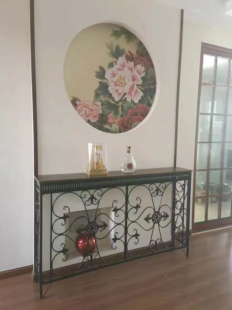 TieHo European-style Iron Console Table Porch Narrow Table Side Cabinet Hallway Furniture Iron Flower Frame Design