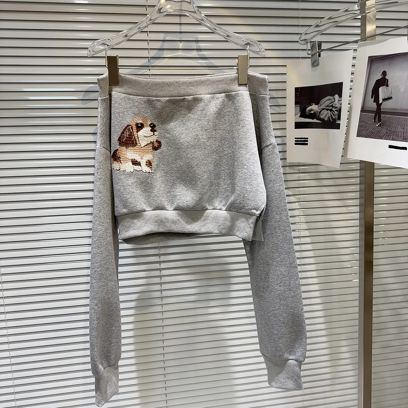 

2025 Autumn New Drop Women's Sweet-Edgy Off-Shoulder Sweatshirt with Cartoon Puppy Embroidery