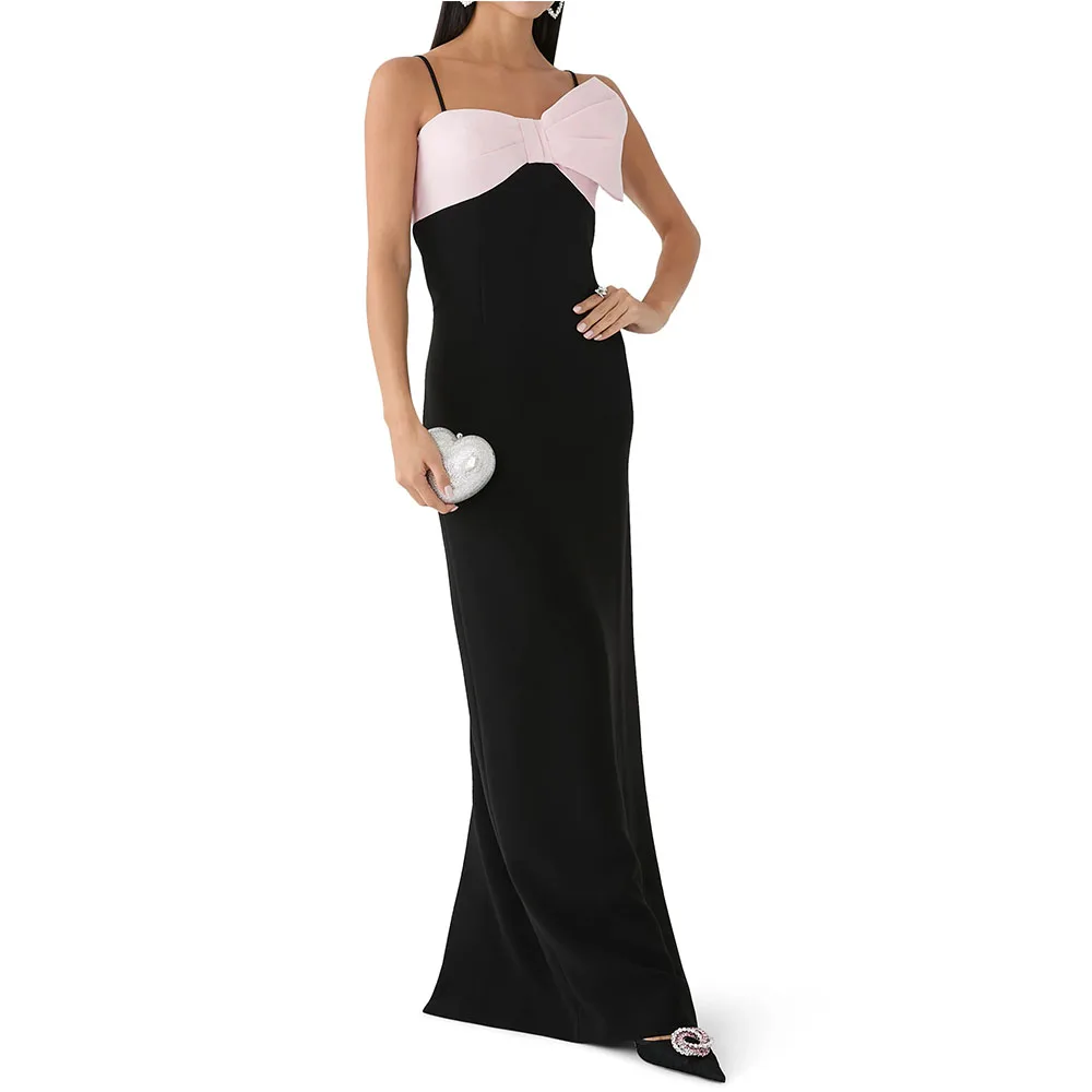 

Elegant Black Women's Evening Dress Mermaid Formal Party Gown Floor Length Prom Dress Spaghetti Straps With Bow Saudi Dress