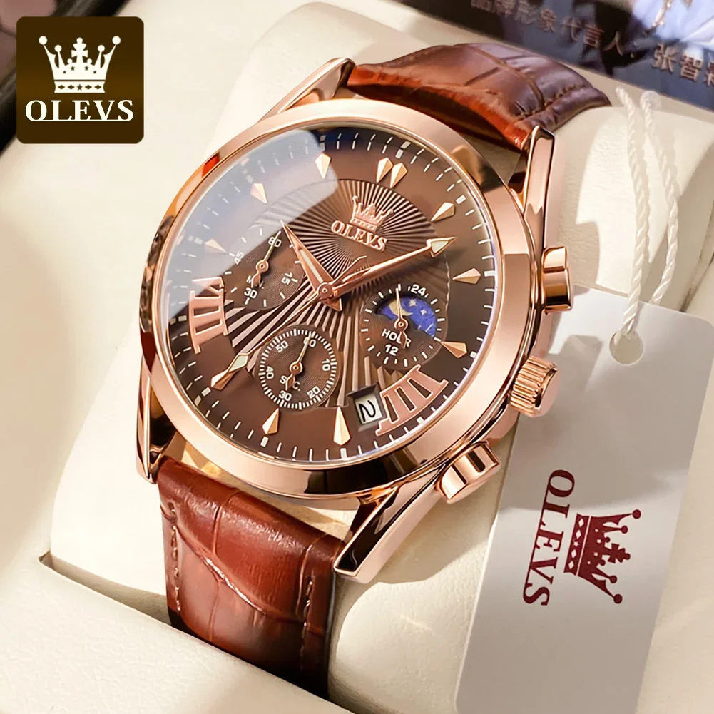 OLEVS 2876 Multifunctional Luxury Genuine Leather Strap Watches for Men Quartz Sport Waterproof Men Wristwatches Luminous