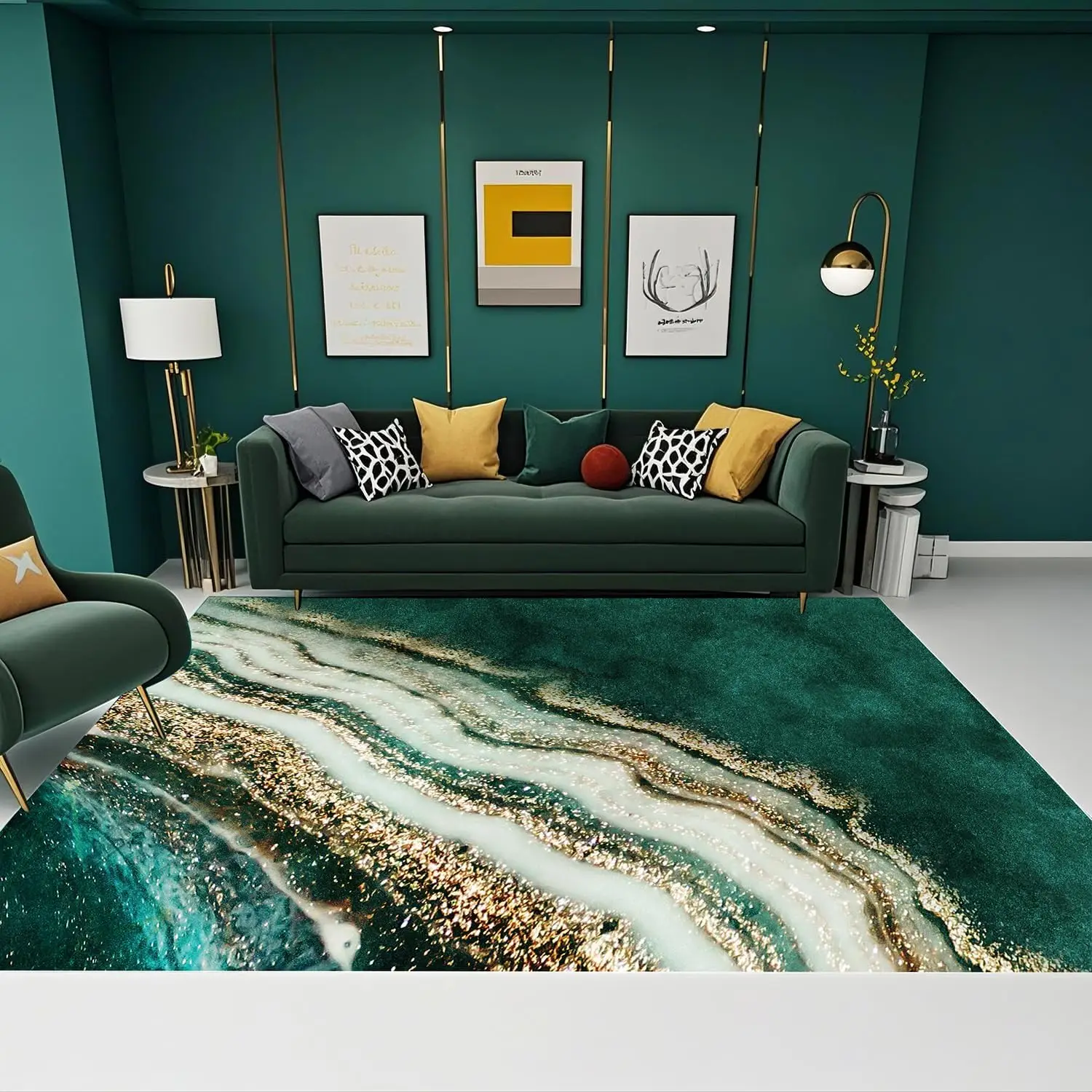 1pc 2D Flat Green Gold Marble Swirl Printed Floor Mat, Decorative Rug for Living Room, Bedroom, Office, Home Decor