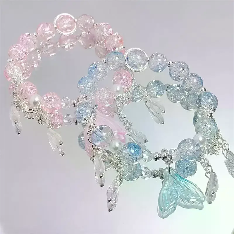 Chinese Style Jewelry Lucky Beads Weaving Alloy Bracelet Pendant Chain Glass Bead Butterfly Bracelet Charm Stretchable Wristband