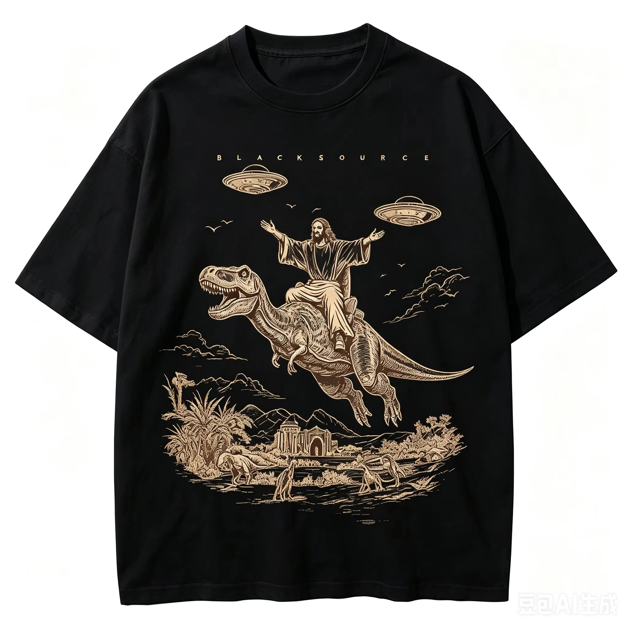 2026 Men's Oversized T Shirt Vintage Dinosaur UFO Sci-Fi Scene Graphic Print Short Sleeve Cotton Unisex Tee
