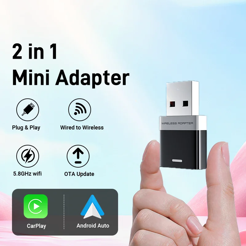 

Мини-адаптер Wired to Wireless CarPlay и Android Auto 2 в 1, 5 ГГц WiFi5 для 99% оригинальных проводных автомобилей CarPlay/автомобилей Type-C/USB