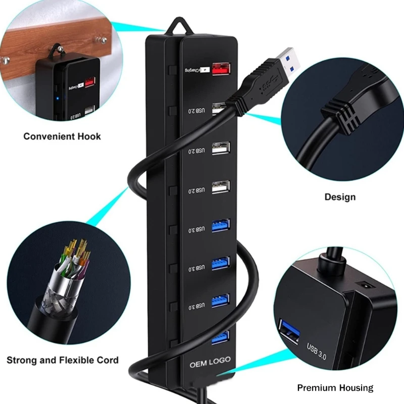 USB Hub 8 Port USB Data Hub Splitter with Charging Port Individual Switches Power Adapter USB Extension Splitter for PC Dropship