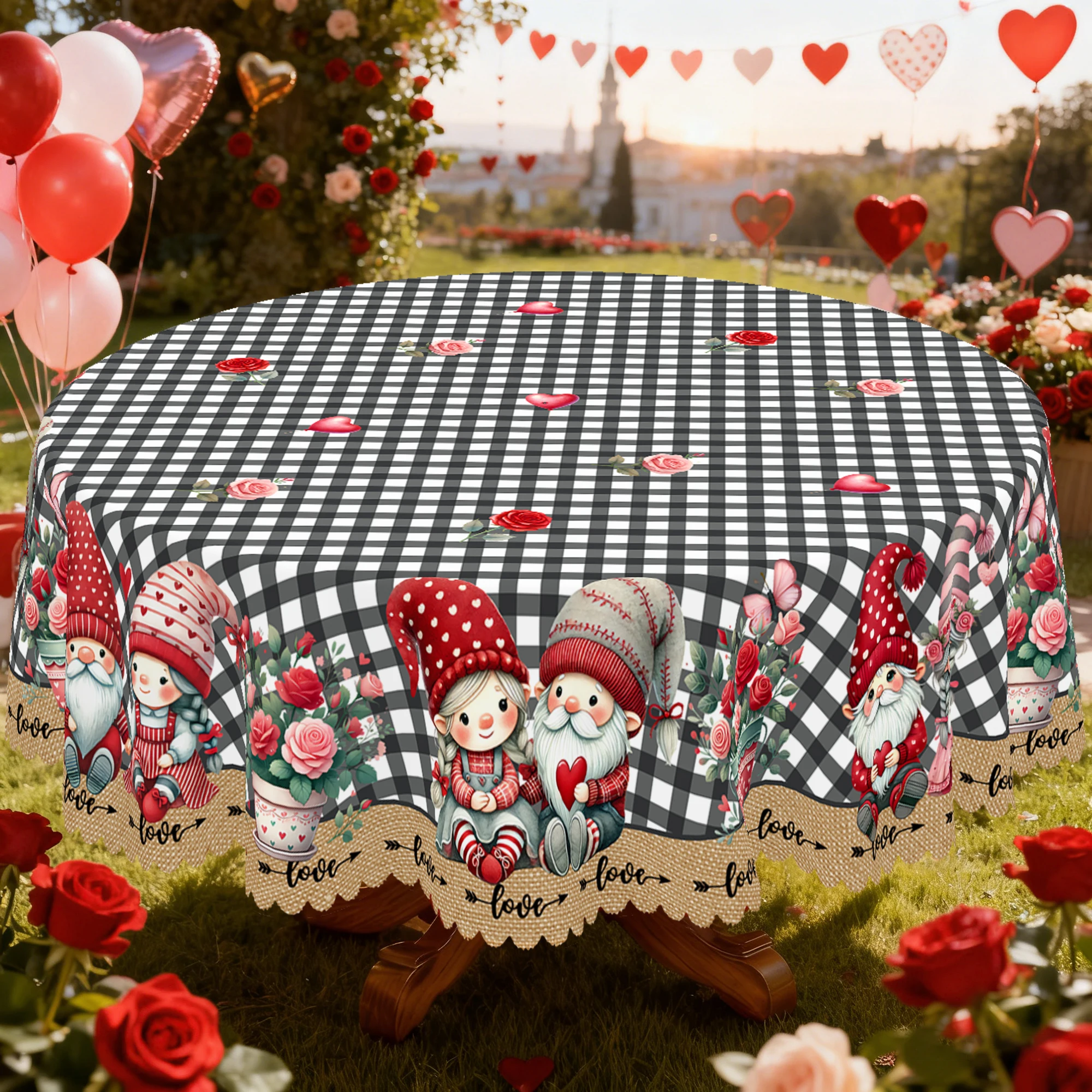 قطعة واحدة من مفرش المائدة المطبوع بطابع عيد الحب، قزم، منقوشة الجاموس، تصميم بنمط قلب، مناسب لعيد الحب، موسم الزفاف للربيع والصيف، نزهة الذكرى السنوية، تجمعات العطلات، مفرش المطبخ للاستخدام الداخلي والخارجي، الفراغات، مقاسات متعددة، متوفرة