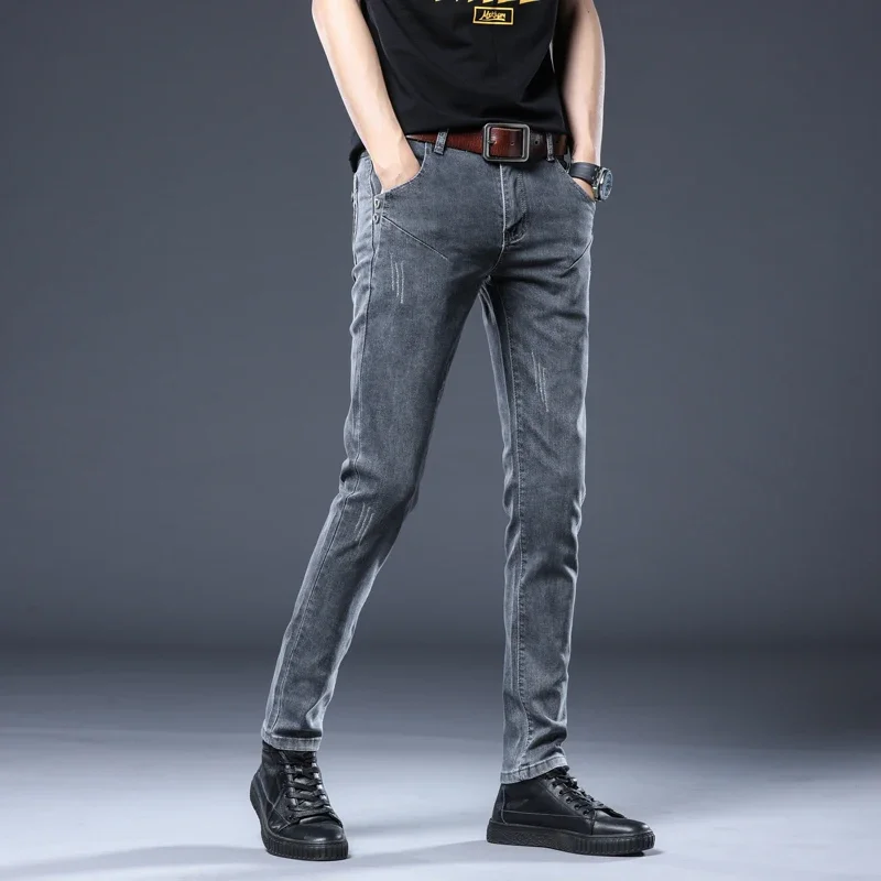 2026 New Gray Skinny Jeans Men's Slim Elastic Korean Fashion Vintage Casual Fee… - Image 3