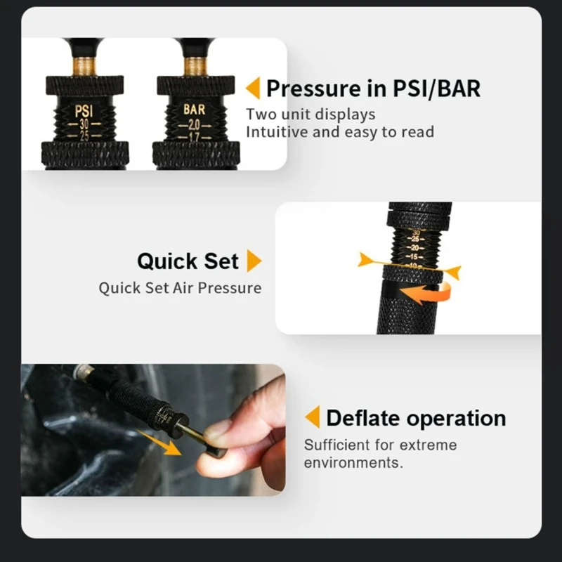 4-teiliges automatisches Reifen-Deflators-Set mit 4 Stück, einstellbarer Druck, geeignet für Geländefahrzeuge, Motorräder, inklusive Ventilkappen – Detail 3