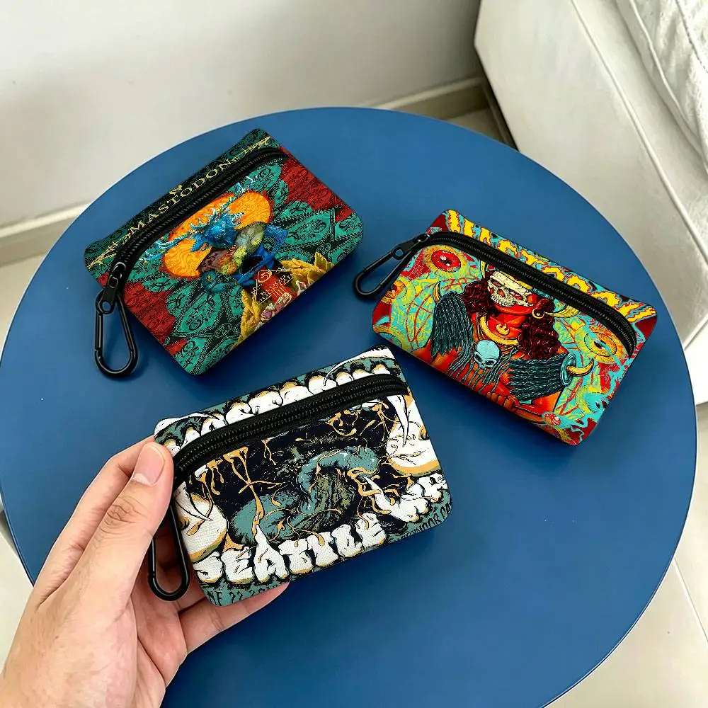 Heavy Metal Band M-Mastodon Compact Oxford Cloth Coin Purse Detachable Carabiner Hook Portable Key Card Organizer Pouch