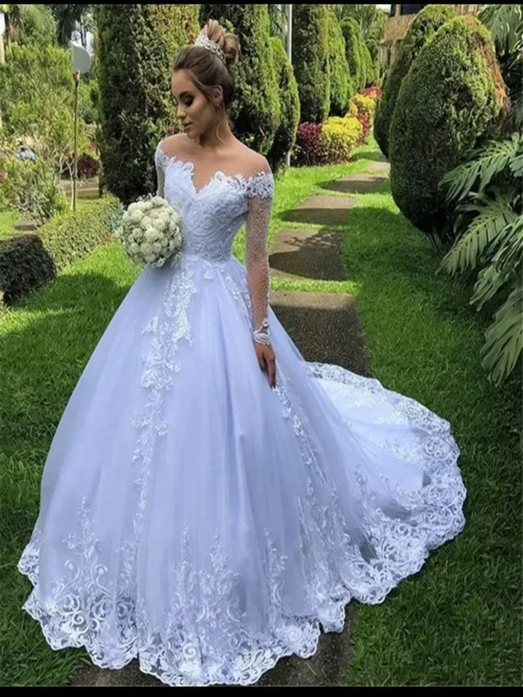 맞춤형 스쿠프 넥 아플리케 비즈 A 라인 웨딩 드레스 스윕 트레인 로브 드 마리에 가든 풀 슬리브 신부 가운