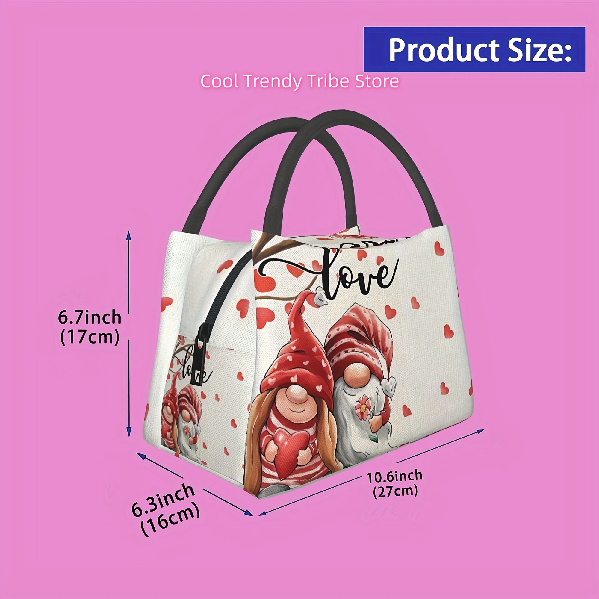 Happy Valentine's Day, Cute Gnome Pattern, Portable Reusable Cooler Bag, Insulated Lunch Bag,for Camping Picnic Beach
