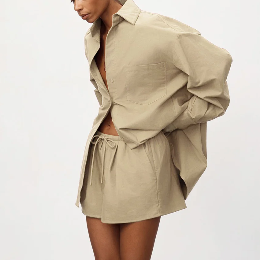 Linad مكتب سيدة التلبيب قمصان الدعاوى مع شورت عالي الخصر 2 قطعة مجموعات النساء الشارع شيك براون الحد الأدنى وتتسابق 2025