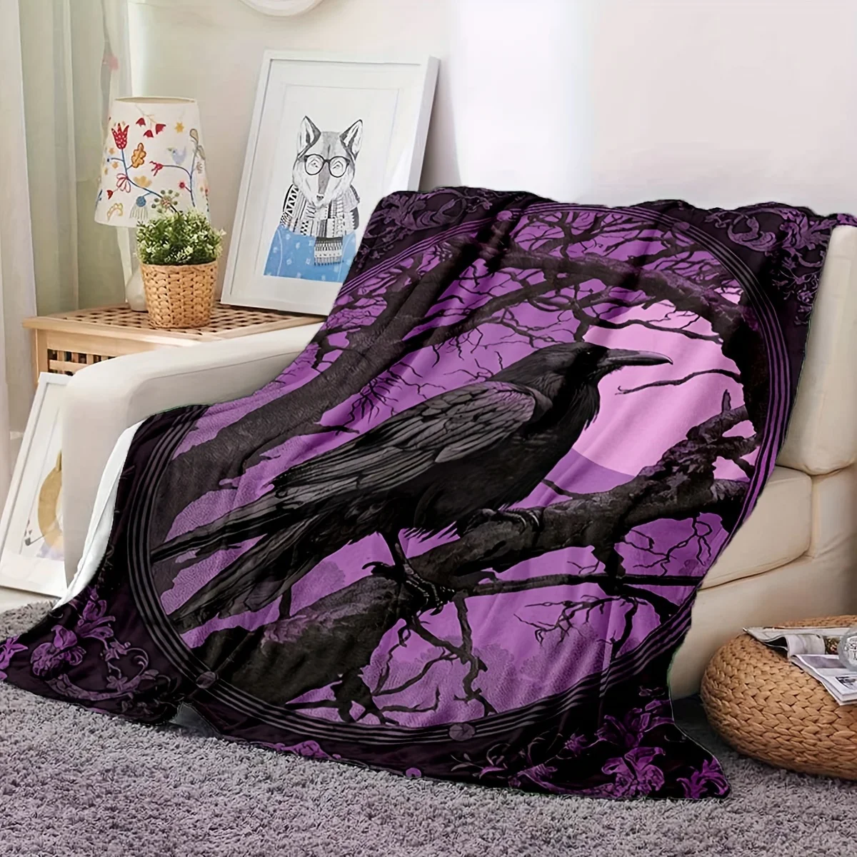 Dark Style Raven On Bare Branch Purple Circle Art Pattern Soft Blanket For Bed Travel Indoor Outdoor Rest And Decoration