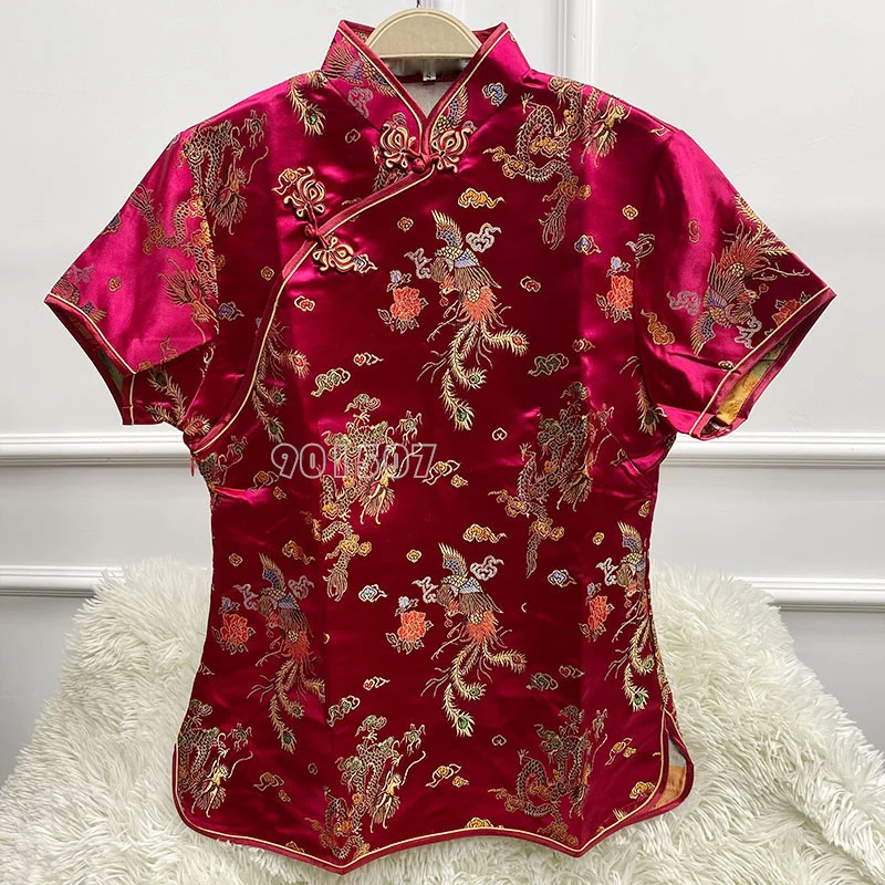 New Jacquard Flower Tang Clothes Women Fashion Qipao Top Vintage Improved Cheongsams Satin Shirt Tops Button Down Wear Plussize