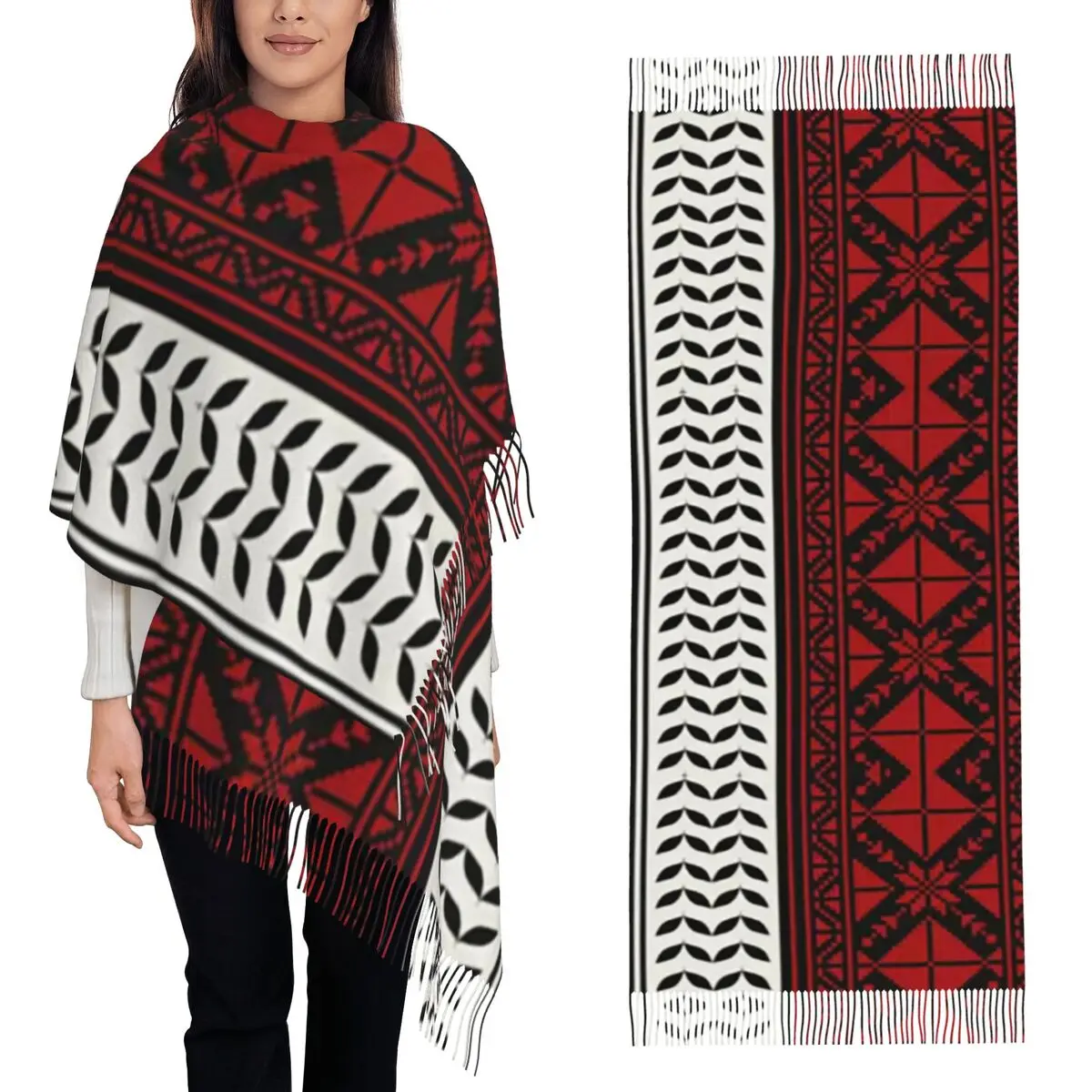 Arabic Folk Kufiya Hatta Traditional Keffiyeh Pattern Scarf Tassel Scarves Women  Shawls and Wraps Long Fall Winter Shawl Wrap