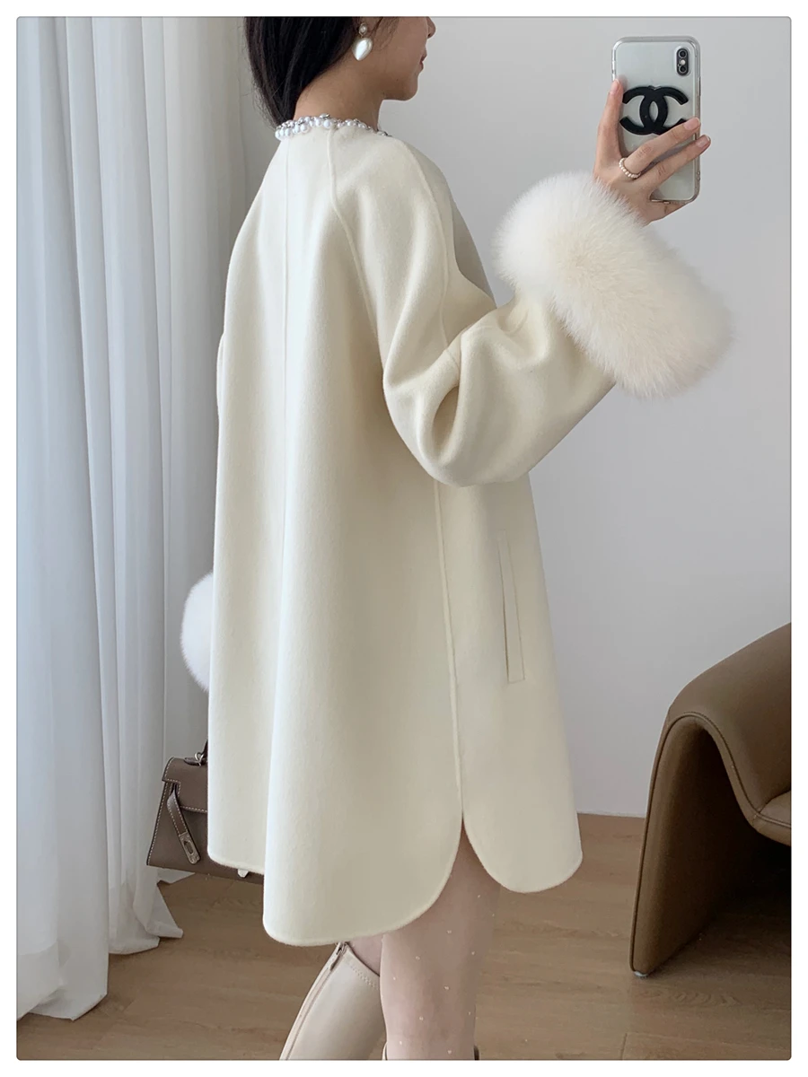 Women Cashmere Wool Woolen Coat Real Fox Fur Cuff Coat Winter Jacket Natural Fox Fur Collar Ladies Outerwear Streetwear