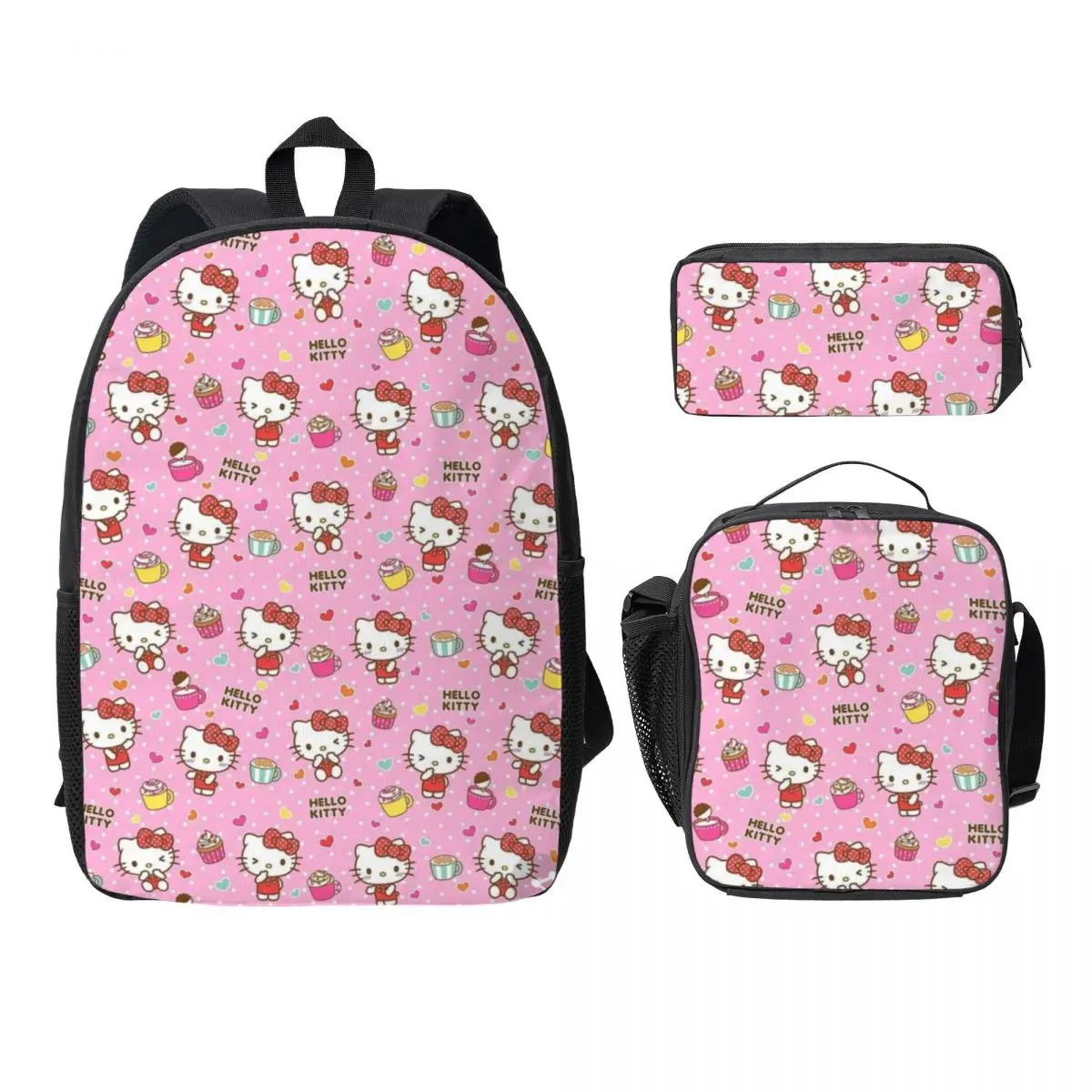 Ensemble de sac à dos et fourre-tout pour adolescents et adultes, sac à lunch, sac à crayons, spacieux, Hello Kitty, accessoires assortis, 17 po