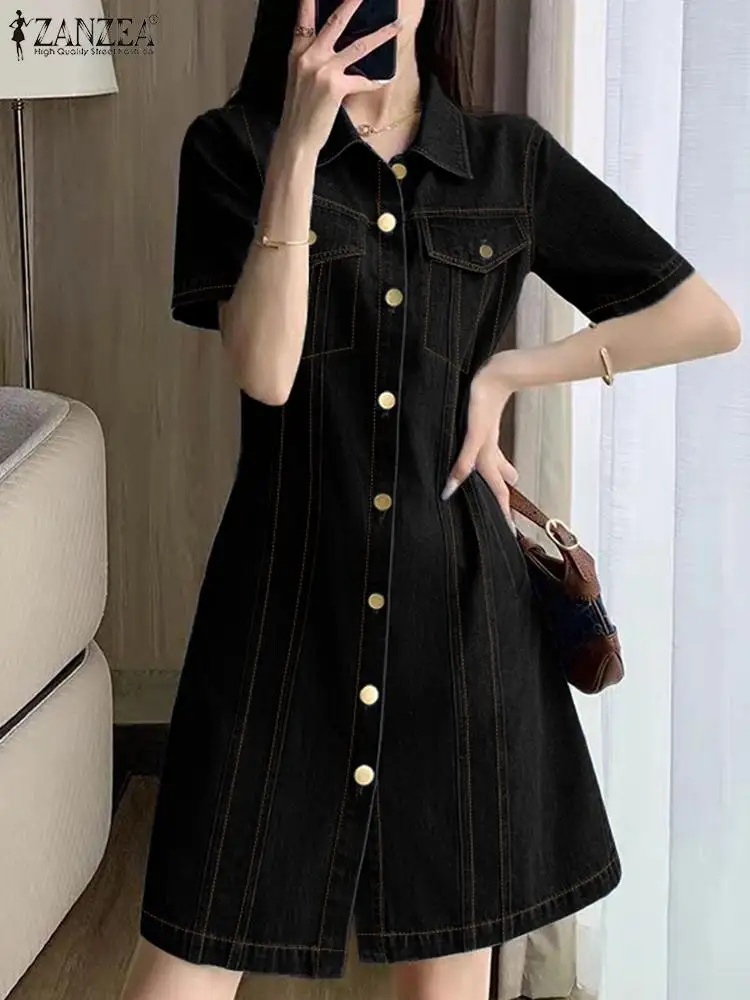 ZANZEA Fashion Women Denim Shirt Dress 2024 Krótki rękaw A Line Dress Summer Buttons Waist Vestidos Vintage Blue Denim Mini Robe