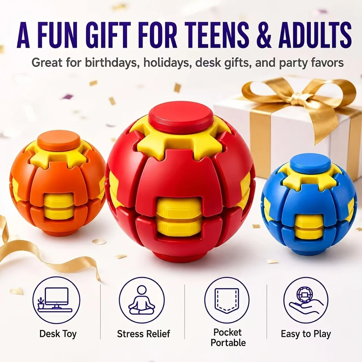 3D Printed Press‑To‑Spin Fidget Ball One Click Deform Fidget Spinner Ball Smooth Rotating Stress Relief Sensory Toy  Kids Gift