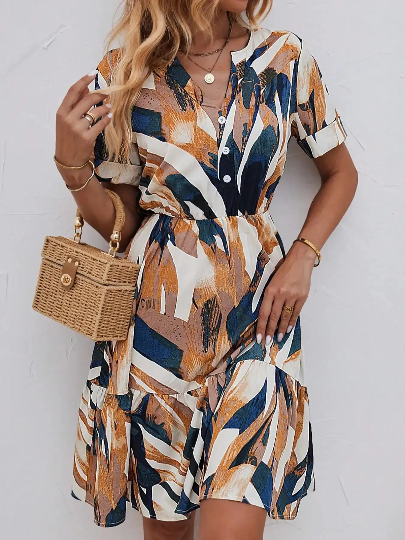 فستان نسائي برقبة على شكل V مطبوع بالكامل، فستان كاجوال على الموضة بوهو لملابس العطلات اليومية والعطلات، فستان للسيدات للصيف