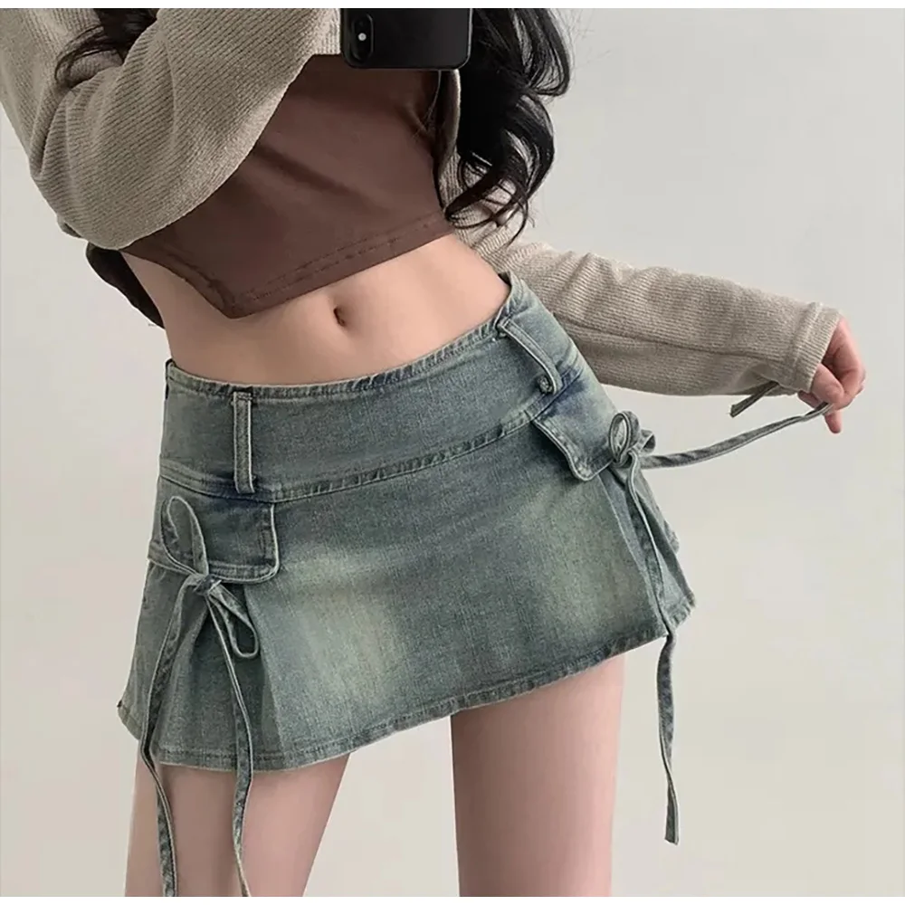 Women Sexy Kawaii Streetwear Style Blue Black Mini Denim Skirts Cutecore Coquette Shoujo Girl Bow Skirt Spring Summer Clothes