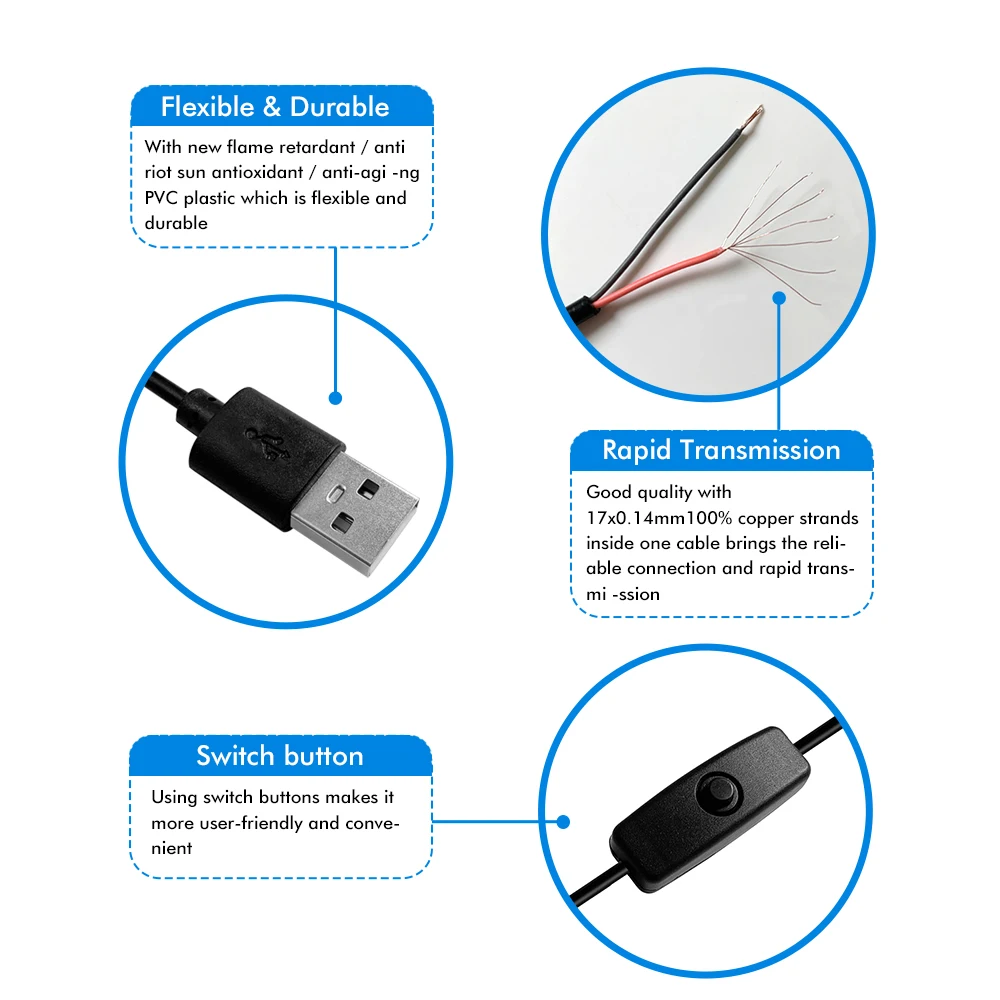 Conector USB, conector de alimentación de Terminal USB con interruptor, enchufe de alimentación de cable eléctrico para lámpara de tira LED,