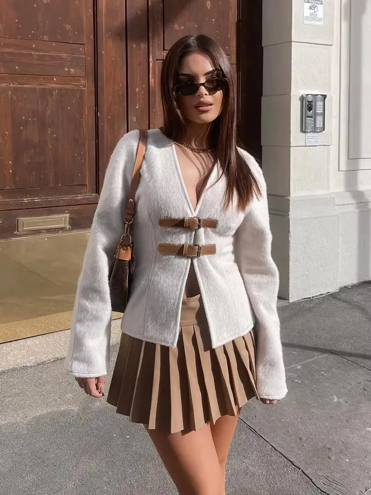 

HH женская осенняя винтажная флисовая куртка с ремнями, украшение, модное однотонное бежевое пальто с v-образным вырезом и длинными рукавами, женский элегантный тонкий топ