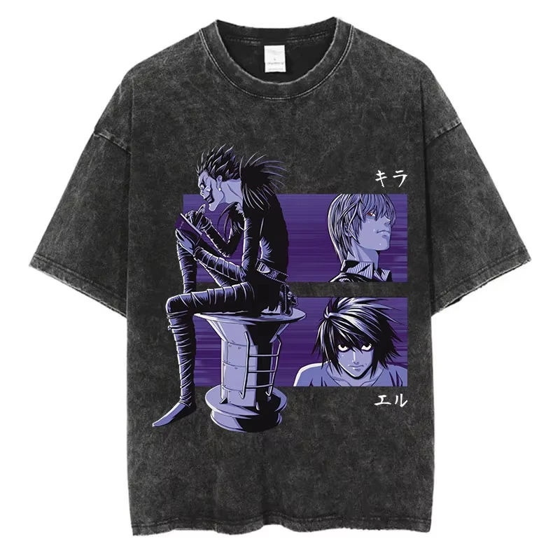 Mode Streetwear Unisex Top T-Shirt Harajuku Vintage Washed T-Shirts Death Note Anime Grafik-Druck Shirt Übergroße Baumwolle – Detail 14