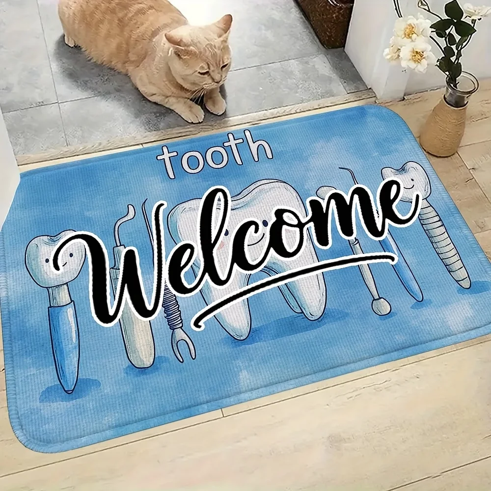 Modern Dental Tech and Tooth Pattern Area Rug, Soft Non-Slip Indoor Outdoor Floor Mat for Dental Clinic and Office Decor