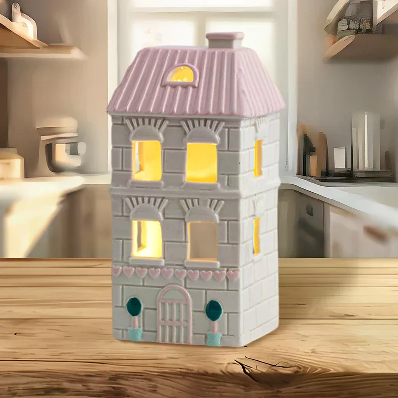 Świecące dekoracje wiejskie, białe ceramiczne dekoracje w kształcie domków z oświetleniem, świecące zimowe domki wiejskie