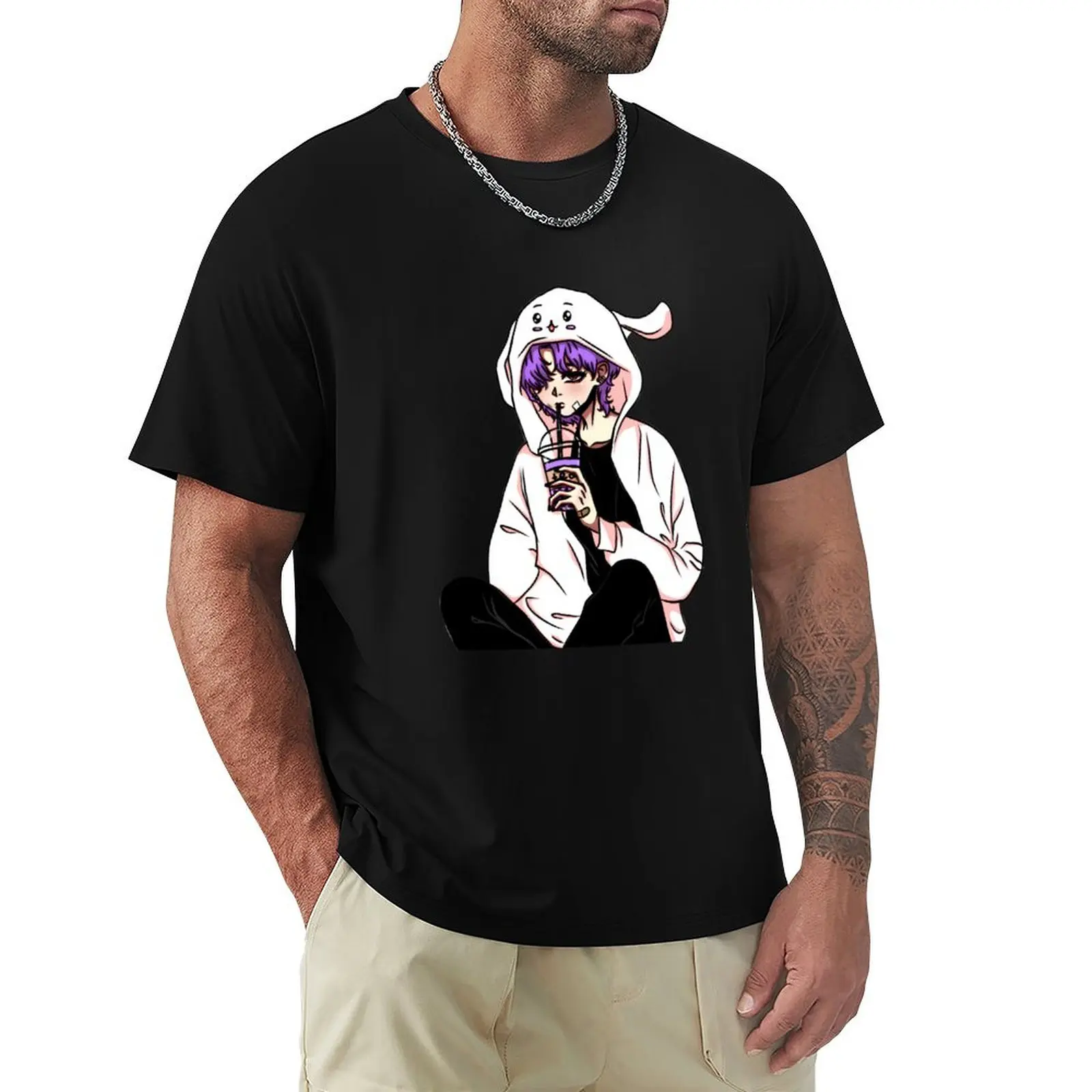 

Anime guy with a drink in his hand and with rabbit ears on his hood. A plaster is stuck on his face. T-Shirt