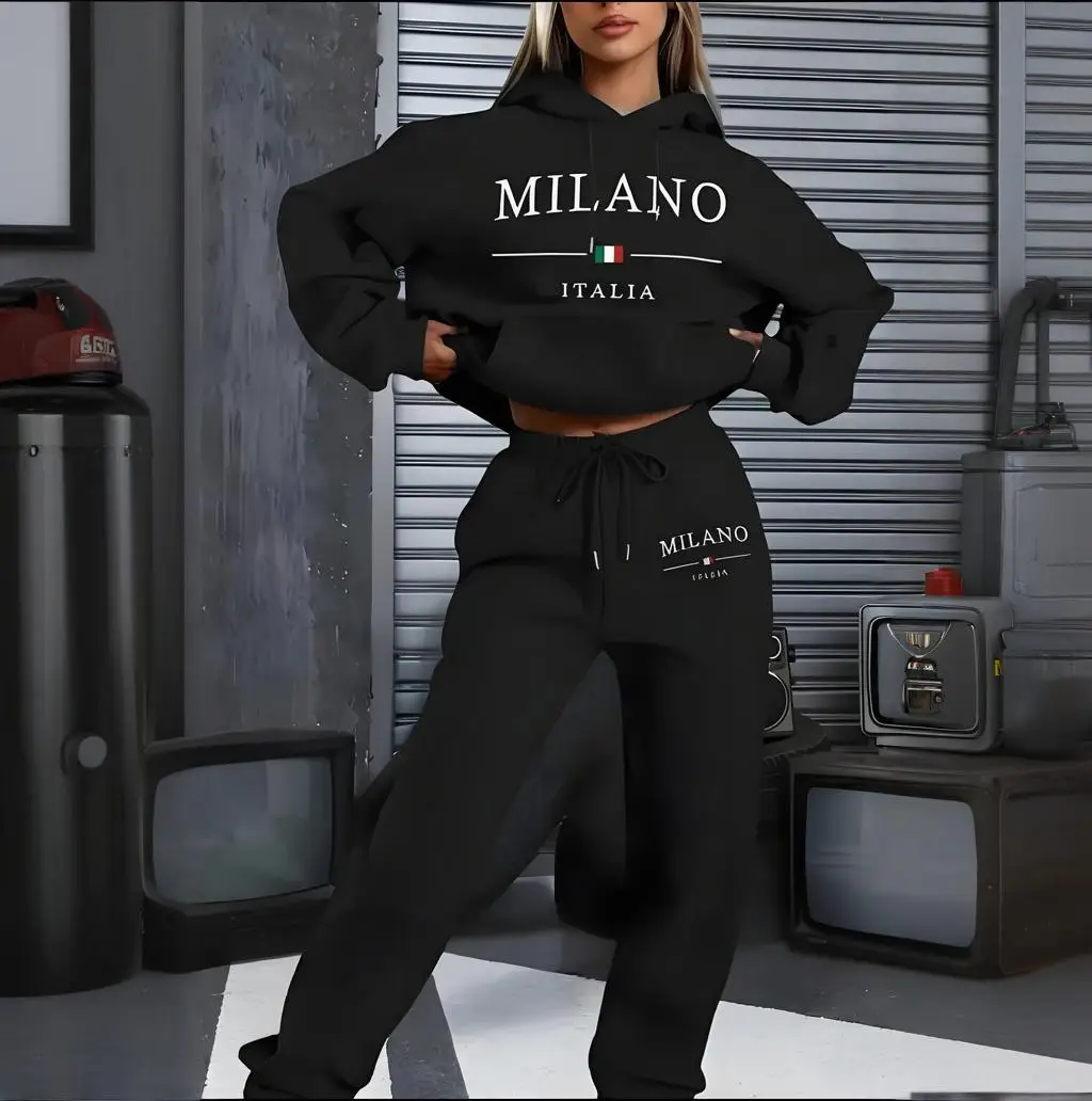 Hot women\'s 2-piece Milano print sports suit sportswear jogging suit women\'s hooded sportswear suit clothes hoodie+sweatpants