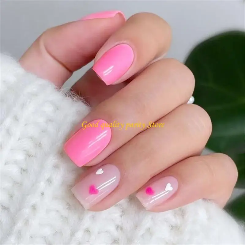 M4YA – faux ongles ovales brillants, 24 pièces, rose doux, cœur blanc, nœuds, accessoires prêts pour fête