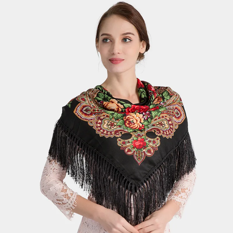 Oversized Square Shawls Women Cotton Print Floral Pashmina Classical Tassels Mujer Bufanda Russian Style Scarf Capes Soft Chal